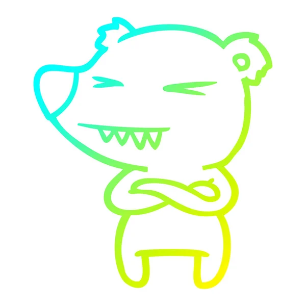 Linea di gradiente freddo disegno arrabbiato orso polare cartone animato con piegato — Vettoriale Stock