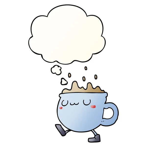 Чашка кофе мультфильма ходьба и мысли пузырь в гладком градиенте — стоковый вектор