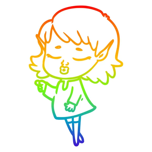 Rainbow gradient line drawing pretty cartoon elf girl — Stock Vector