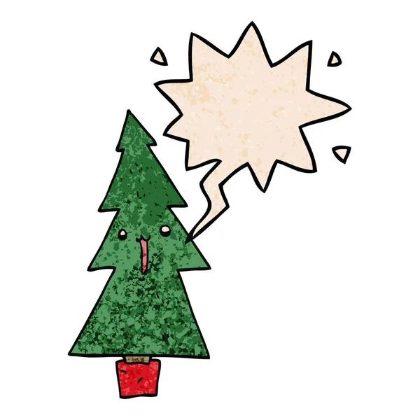 Árbol de Navidad de dibujos animados y burbuja del habla en estilo de textura retro — Archivo Imágenes Vectoriales