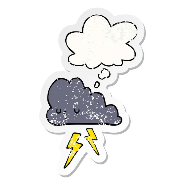 Cartoon storm cloud and thought bubble as a distressed worn stic — Stock Vector