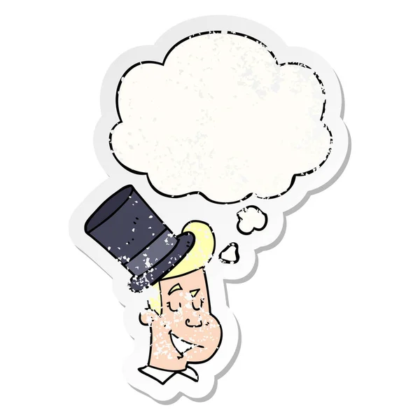 Hombre de dibujos animados con sombrero de copa y burbuja de pensamiento como una w angustiado — Archivo Imágenes Vectoriales