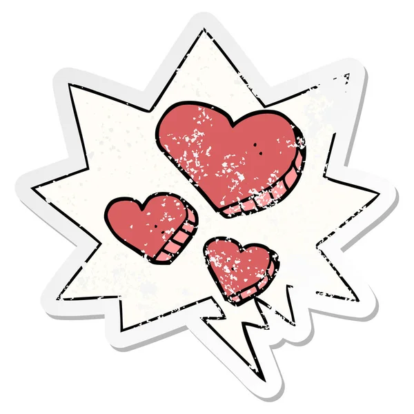 Cartoon kärlek hjärtan och pratbubbla nödställda klistermärke — Stock vektor