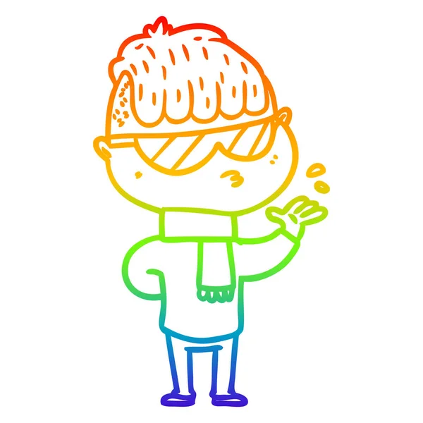Rainbow gradient line drawing cartoon boy wearing sunglasses — Stock Vector