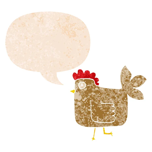Retro dokulu tarzda karikatür tavuk ve konuşma balonu — Stok Vektör