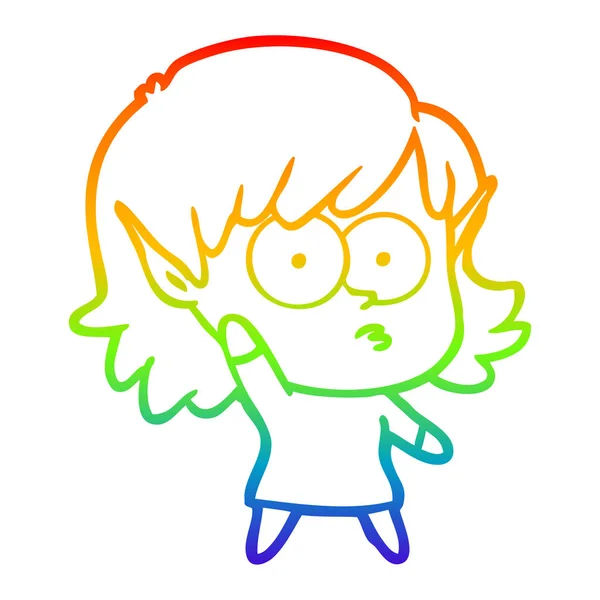 Rainbow gradient line drawing cartoon elf girl waving — Stock Vector