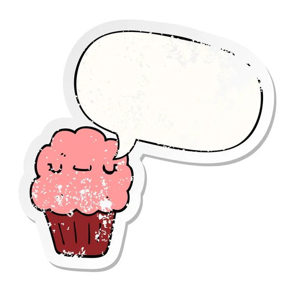 Cartoon muffin en toespraak bubble noodlijdende sticker — Stockvector