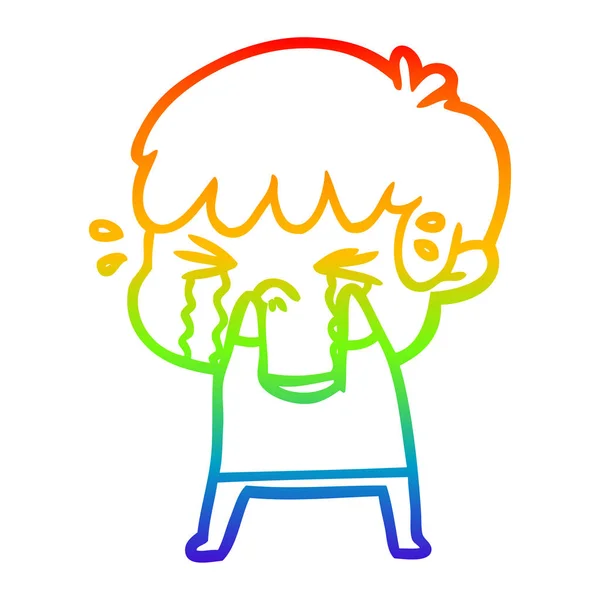 Rainbow gradient line drawing cartoon boy crying — Stock Vector