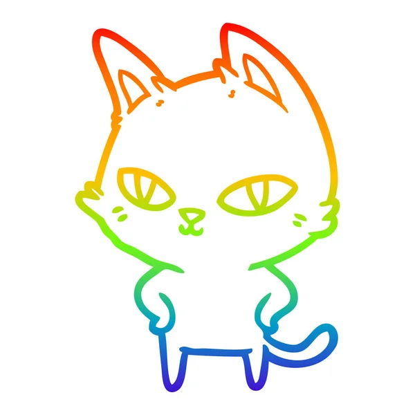 Regenbogen-Gradienten-Linie Zeichnung Cartoon-Katze mit hellen Augen — Stockvektor