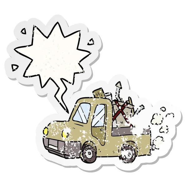 Dibujos animados viejo camión lleno de basura y habla burbuja angustiado stic — Vector de stock
