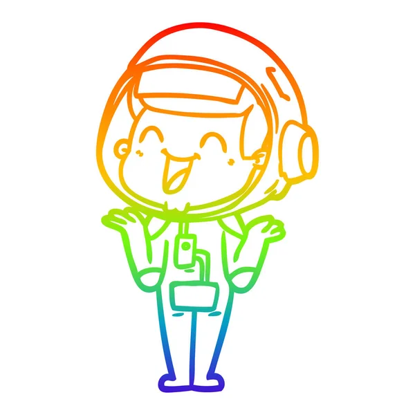 Rainbow gradient line drawing happy cartoon astronaut — Stock Vector