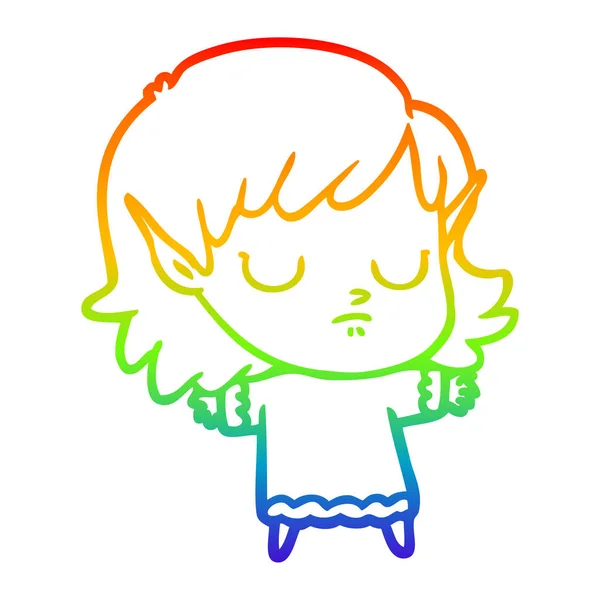 Rainbow gradient line drawing cartoon elf girl — Stock Vector