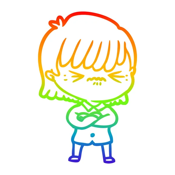 Rainbow gradient line drawing annoyed cartoon girl — Stock Vector