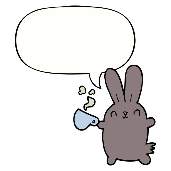 Mignon dessin animé lapin et tasse de café et bulle de la parole — Image vectorielle