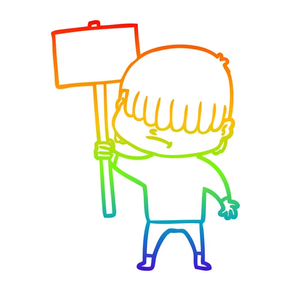Rainbow gradient line drawing cartoon boy with untidy hair — Stock Vector