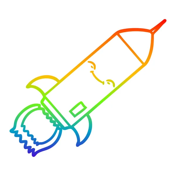 Arco iris gradiente línea dibujo dibujos animados cohete — Vector de stock