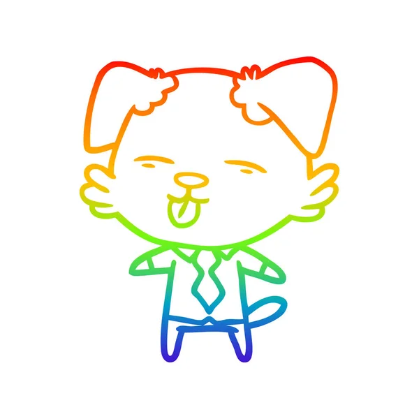Regenboog gradiënt lijntekening cartoon hond in shirt en stropdas — Stockvector