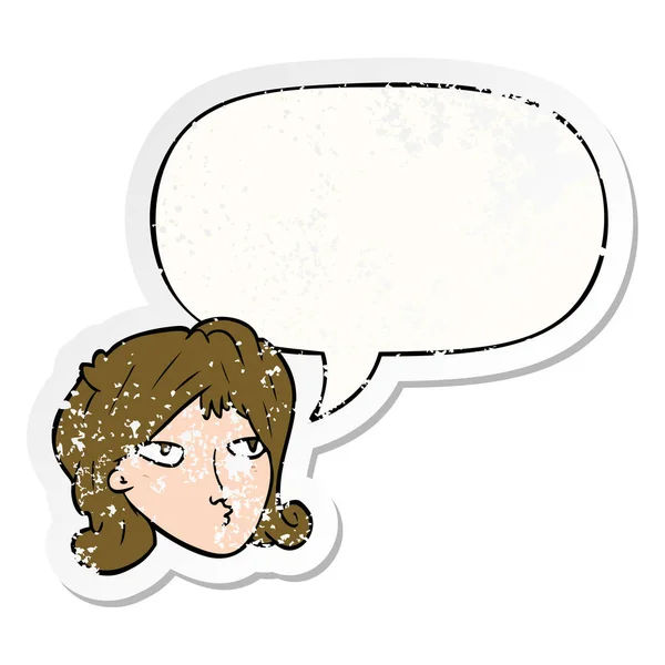 Karikatür kadın ve konuşma balonu sıkıntılı etiket — Stok Vektör