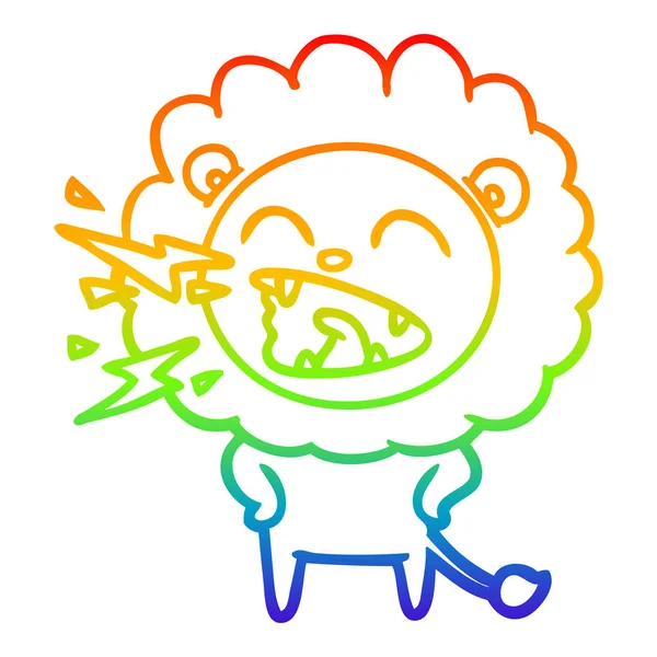 Arco iris gradiente línea dibujo dibujos animados rugiente león — Vector de stock