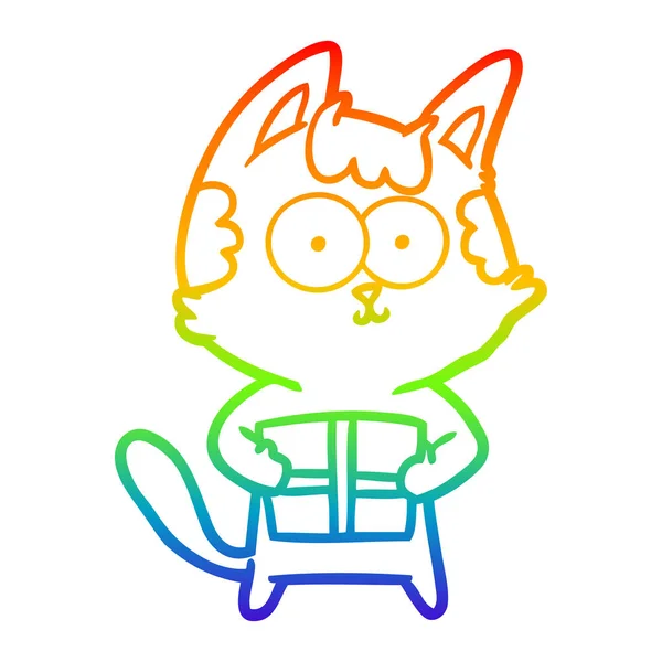 Regenbogen-Gradientenlinie zeichnet fröhliche Cartoon-Katze mit Geschenk — Stockvektor