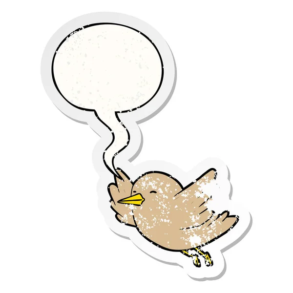 Karikatür kuş uçan ve konuşma balonu sıkıntılı etiket — Stok Vektör