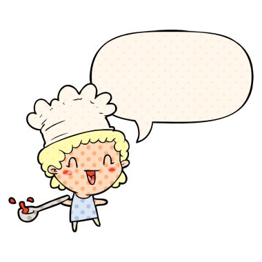 sevimli karikatür mutlu şef ve çizgi roman tarzında konuşma balonu