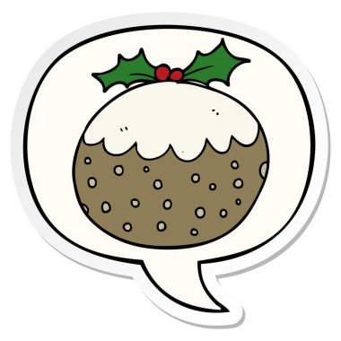 karikatür noel puding ve konuşma kabarcık etiket
