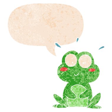 retro dokulu tarzısevimli karikatür kurbağa ve konuşma balonu