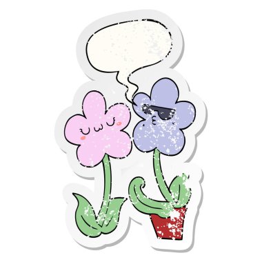 sevimli karikatür çiçek ve konuşma balonu sıkıntılı etiket