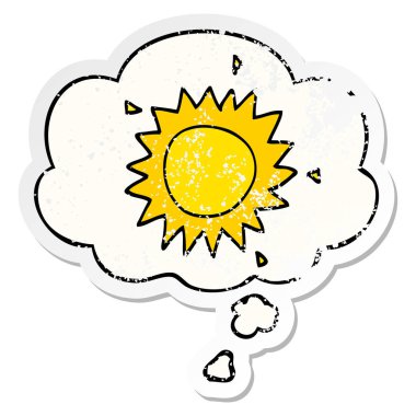 karikatür güneş ve sıkıntılı yıpranmış etiket olarak kabarcık düşünce