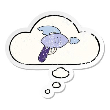 karikatür ışın silah ve sıkıntılı yıpranmış etiket olarak kabarcık düşünce