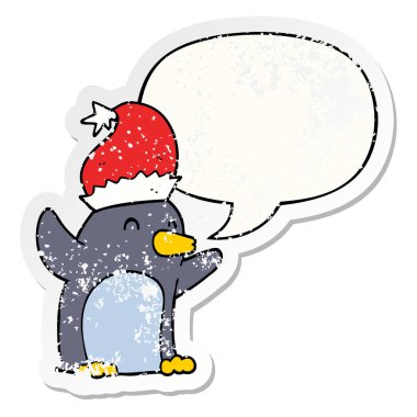 sevimli karikatür noel penguen ve konuşma balonu sıkıntılı stic