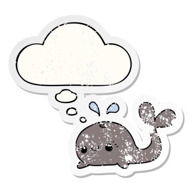 sevimli karikatür balina ve sıkıntılı bir yıpranmış sopa olarak kabarcık düşünce