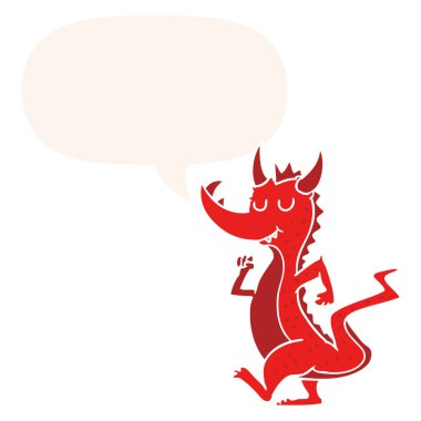 retro tarzıkarikatür sevimli ejderha ve konuşma balonu