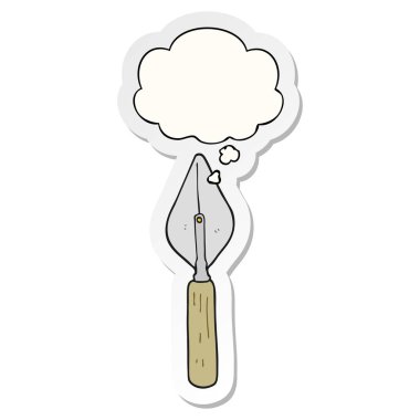 karikatür mala ve baskılı bir etiket olarak kabarcık düşünce