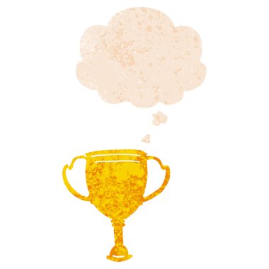 retro dokulu tarzı karikatür spor kupa ve düşünce balonu