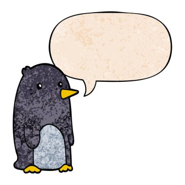 retro doku tarzında karikatür penguen ve konuşma balonu