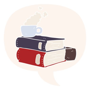 retro tarzda karikatür kitapları ve kahve fincanı ve konuşma balonu