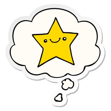 mutlu karikatür yıldızı ve basılı bir etiket olarak kabarcık düşünce