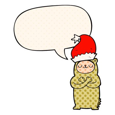 çizgi roman ayı çizgi roman bo noel şapka ve konuşma balonu giyen