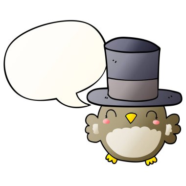 çizgi film baykuş düz degrade üst şapka ve konuşma balonu giyiyor