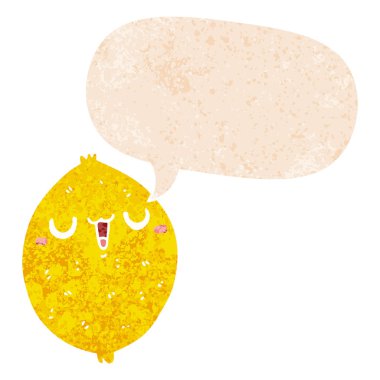 retro dokulu tarzda karikatür mutlu limon ve konuşma balonu