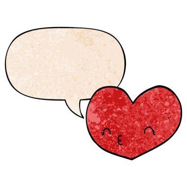 retro doku tarzında karikatür kalp ve yüz ve konuşma balonu