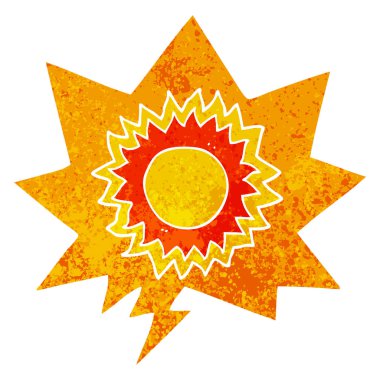 retro dokulu tarzda karikatür güneş ve konuşma balonu