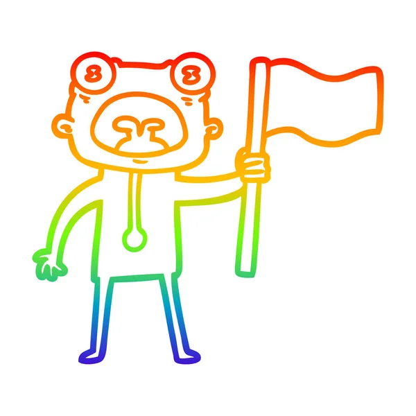 Regenboog gradiënt lijntekening cartoon Weird Alien met vlag — Stockvector