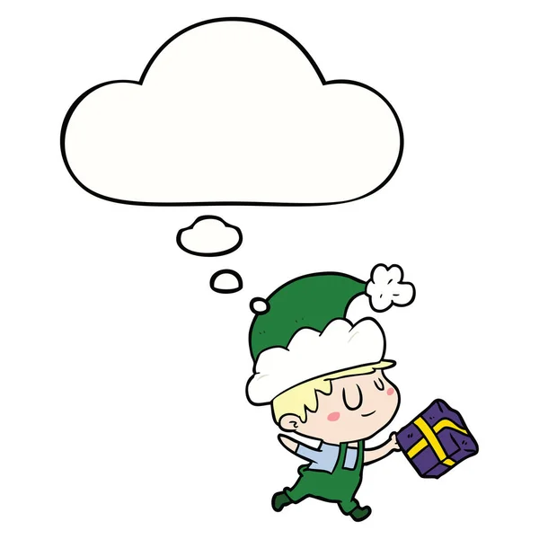 Cartoon Frohe Weihnachten Elfe und Gedankenblase — Stockvektor