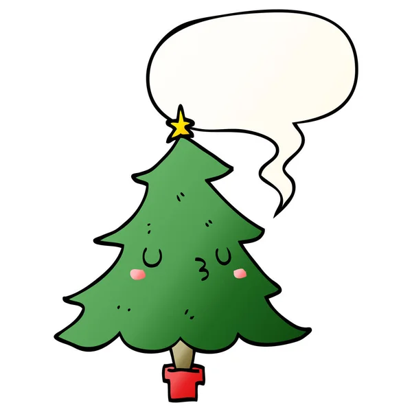 Lindo árbol de Navidad de dibujos animados y burbuja del habla en gradiente suave — Vector de stock