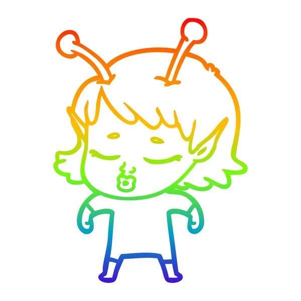 Rainbow gradient ligne dessin mignon alien fille dessin animé — Image vectorielle