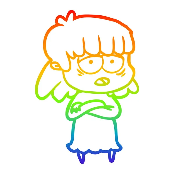 Rainbow gradient linje ritning tecknad trött kvinna — Stock vektor