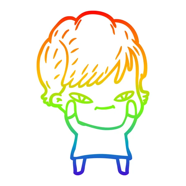 Rainbow gradient line drawing cartoon happy woman — Stock Vector